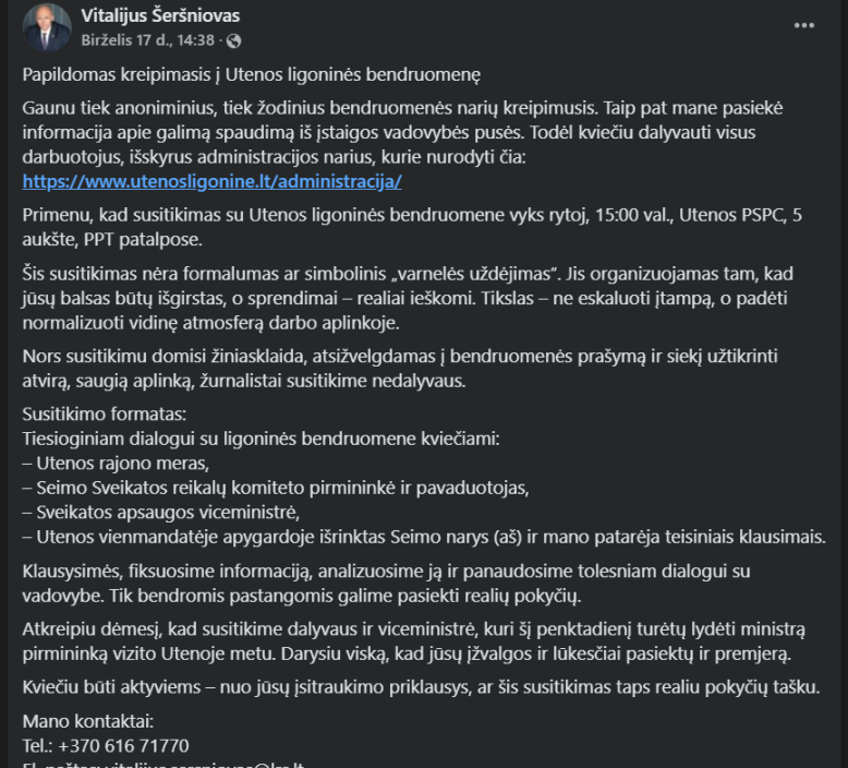 DĖL INFORMACIJOS APIE SITUACIJĄ VŠĮ UTENOS LIGONINĖJE