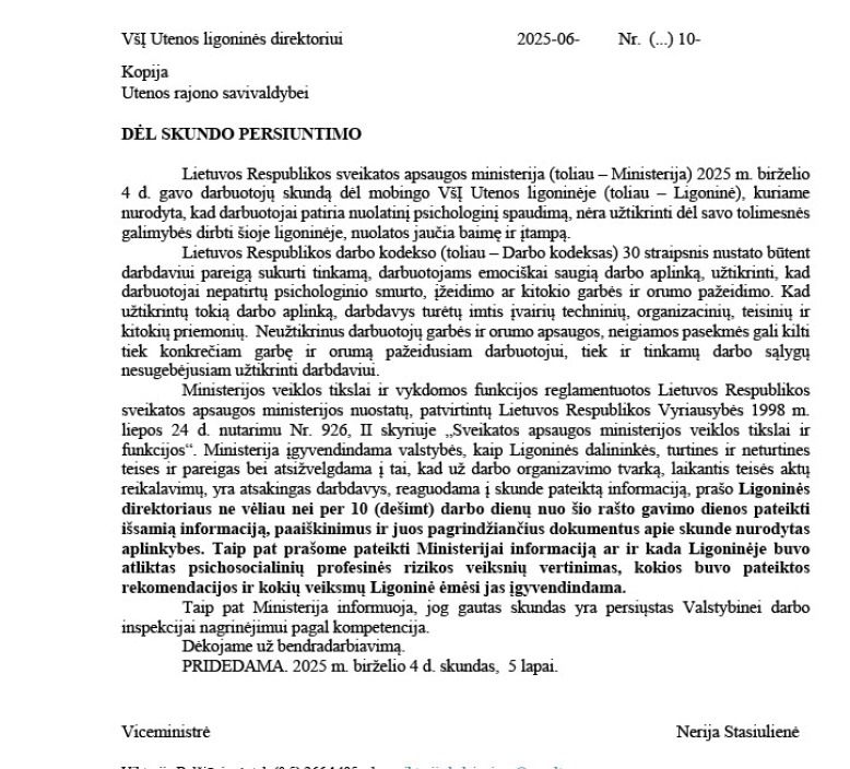 DĖL INFORMACIJOS APIE SITUACIJĄ VŠĮ UTENOS LIGONINĖJE