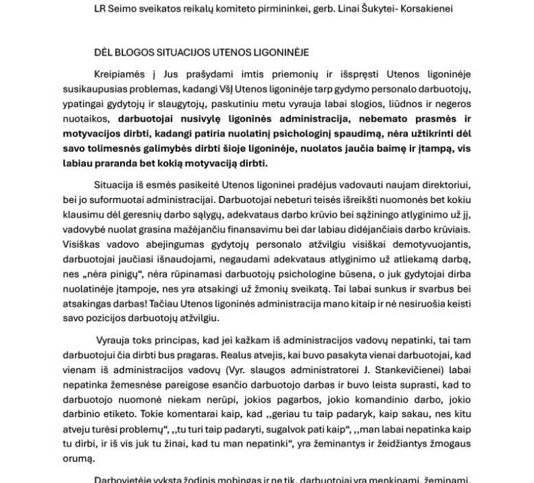 DĖL INFORMACIJOS APIE SITUACIJĄ VŠĮ UTENOS LIGONINĖJE