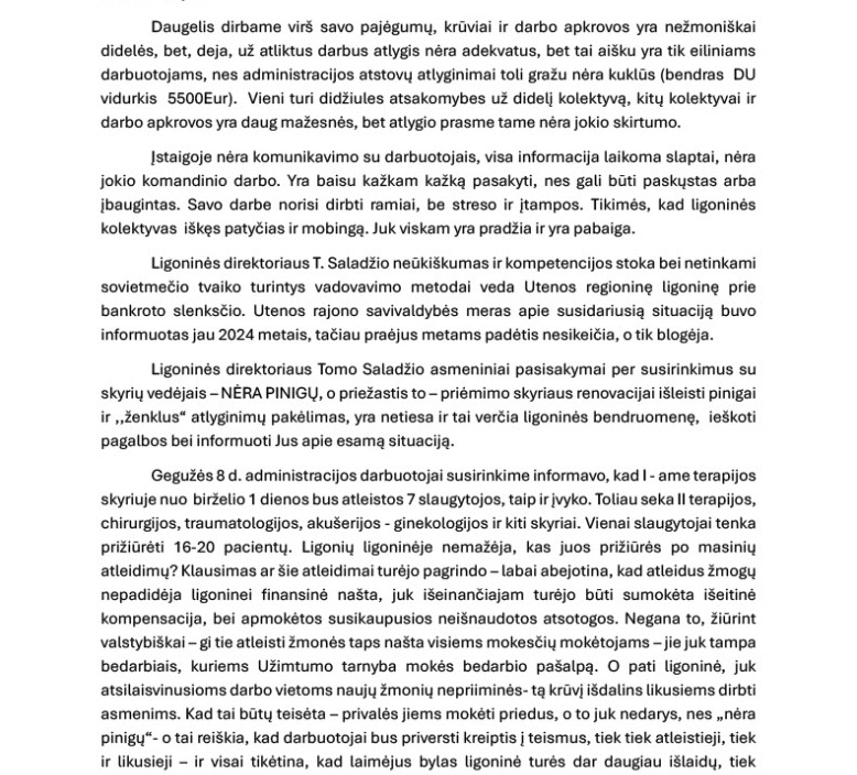 DĖL INFORMACIJOS APIE SITUACIJĄ VŠĮ UTENOS LIGONINĖJE