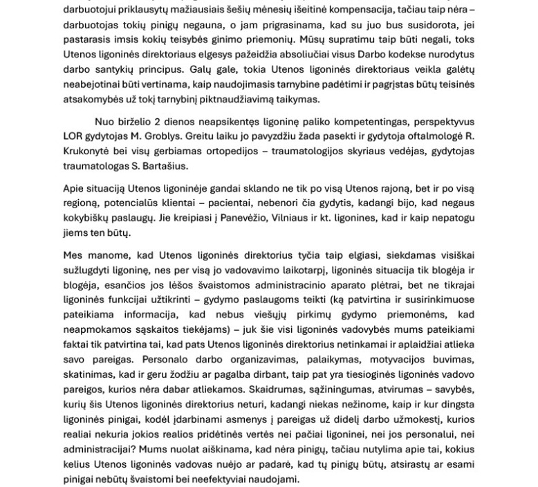 DĖL INFORMACIJOS APIE SITUACIJĄ VŠĮ UTENOS LIGONINĖJE